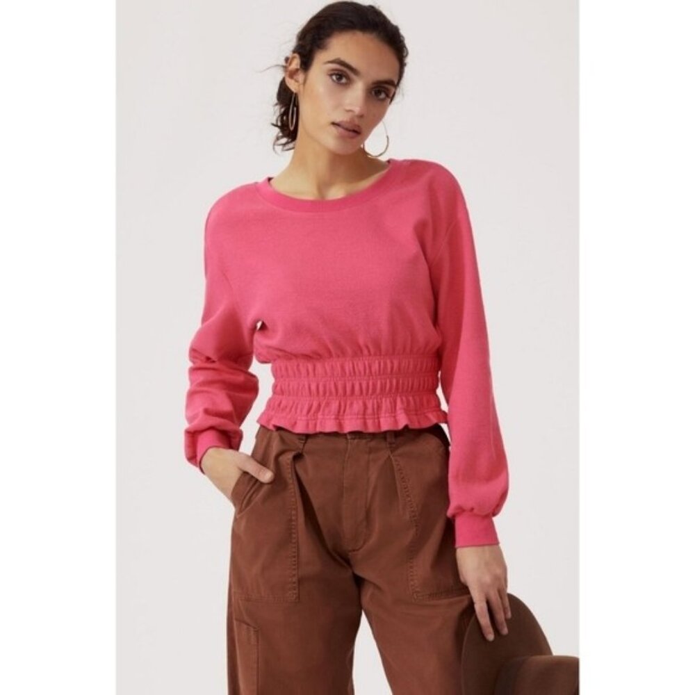 Anthropology Maeve Smocked Cropped Boatneck Pullover Sweatshirt Pink Rose Size